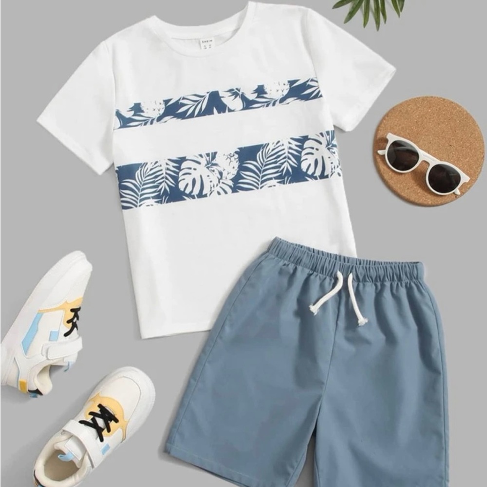 SHEIN Kids | Boys Tropical Print Tee & Drawstring Waist Shorts Set | Size 8Y